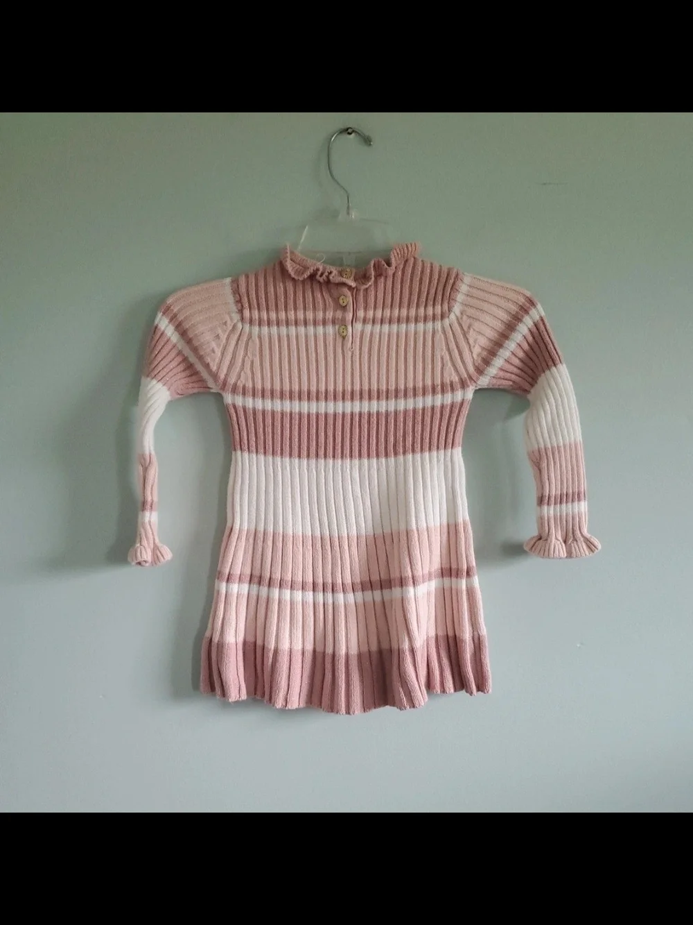Girls' Pink & Cream Ribbed Stripe Dress with Ruffle Collar